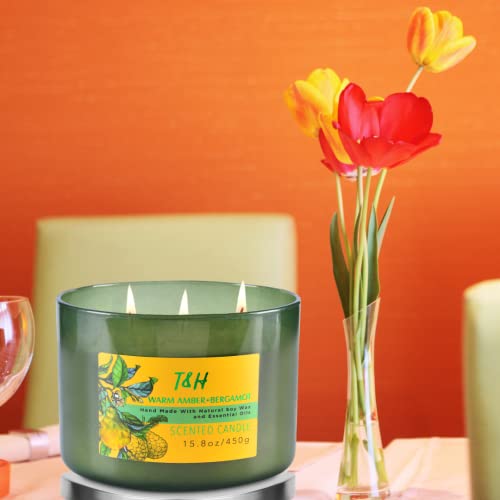 3 Wick Candle | Amber Bergamot Large Candle with Coconut, Jasmine & Balsam | Highly Scented Candles for Home | Natural Soy Candle, Relaxing Coconut Candle, Aromatherapy Candles for Men & Women 15.8 oz