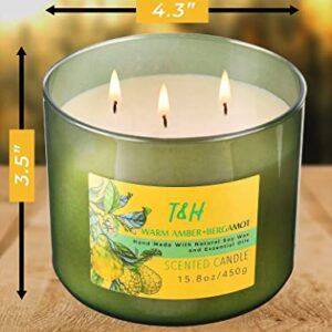 3 Wick Candle | Amber Bergamot Large Candle with Coconut, Jasmine & Balsam | Highly Scented Candles for Home | Natural Soy Candle, Relaxing Coconut Candle, Aromatherapy Candles for Men & Women 15.8 oz