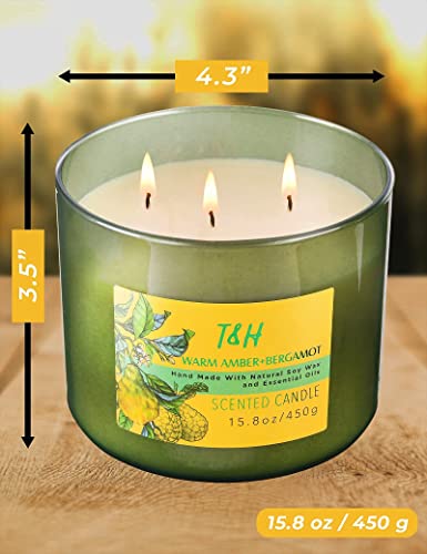 3 Wick Candle | Amber Bergamot Large Candle with Coconut, Jasmine & Balsam | Highly Scented Candles for Home | Natural Soy Candle, Relaxing Coconut Candle, Aromatherapy Candles for Men & Women 15.8 oz