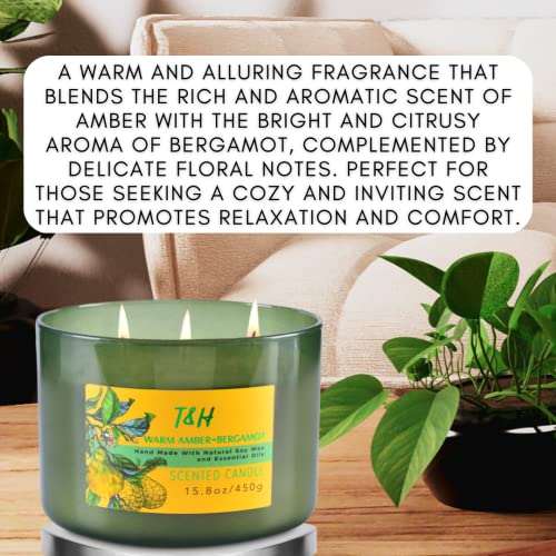 3 Wick Candle | Amber Bergamot Large Candle with Coconut, Jasmine & Balsam | Highly Scented Candles for Home | Natural Soy Candle, Relaxing Coconut Candle, Aromatherapy Candles for Men & Women 15.8 oz