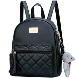 kkxiu small backpack purse synthetic leather quilted mini daypack for women fashion girls bookbag with tassel (black)