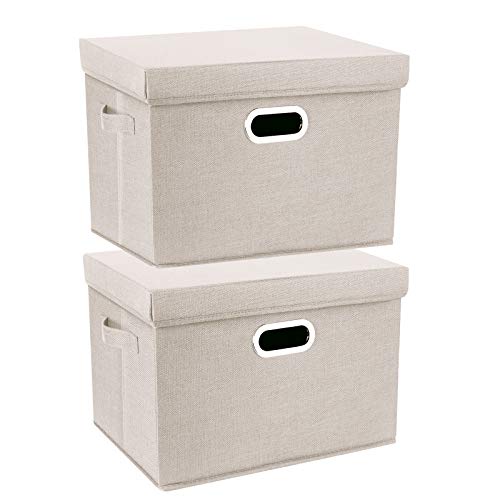 TYEERS Large Collapsible Storage Bins with Lids, Organization Bins for Closet Storage, Clothes Storage, Folding Storage Box with Lids for Home Office Storage - 2 Pack - Beige