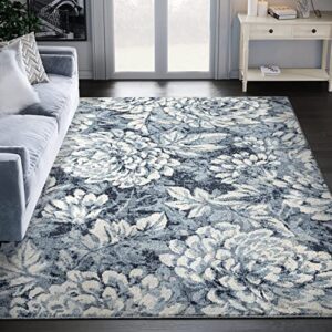 abani navy blue & cream floral design classic area rug rugs non-shedding 7’9″ x 10’2″ (8×10) flower print traditional living room rug
