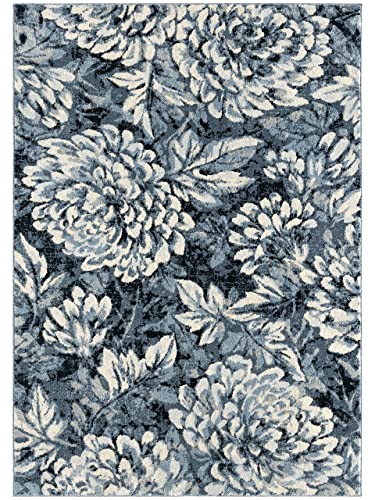 Abani Navy Blue & Cream Floral Design Classic Area Rug Rugs Non-Shedding 7'9" x 10'2" (8x10) Flower Print Traditional Living Room Rug