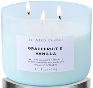 3 wick scented candle | grapefruit vanilla stress relief aromatherapy candle with berries, bergamot, rose & lemon | 15.8 oz highly scented candles for men & women | large natural soy candles for home