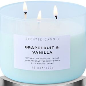 3 Wick Scented Candle | Grapefruit Vanilla Stress Relief Aromatherapy Candle with Berries, Bergamot, Rose & Lemon | 15.8 oz Highly Scented Candles for Men & Women | Large Natural Soy Candles for Home