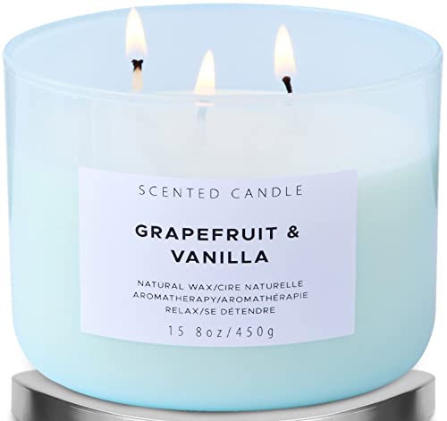 3 Wick Scented Candle | Grapefruit Vanilla Stress Relief Aromatherapy Candle with Berries, Bergamot, Rose & Lemon | 15.8 oz Highly Scented Candles for Men & Women | Large Natural Soy Candles for Home