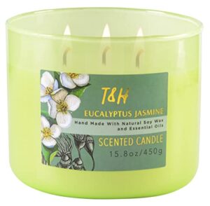 stress relief aromatherapy candle for men & women – eucalyptus jasmine 3 wick candle with lavender, mandarin & balsam – strong scented candles for home 15.8 oz – natural soy candles, eucalyptus candle