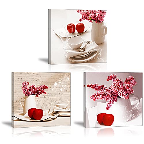 Red Apple Wall Art for Kitchen, SZ Flower Bowl and Dish Canvas Prints Decor for Dining Room (Waterproof Artwork, Bracket Mounted Ready to Hang)