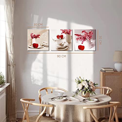 Red Apple Wall Art for Kitchen, SZ Flower Bowl and Dish Canvas Prints Decor for Dining Room (Waterproof Artwork, Bracket Mounted Ready to Hang)