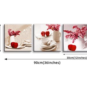 Red Apple Wall Art for Kitchen, SZ Flower Bowl and Dish Canvas Prints Decor for Dining Room (Waterproof Artwork, Bracket Mounted Ready to Hang)