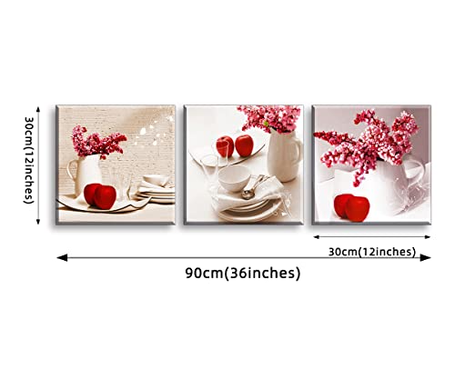 Red Apple Wall Art for Kitchen, SZ Flower Bowl and Dish Canvas Prints Decor for Dining Room (Waterproof Artwork, Bracket Mounted Ready to Hang)