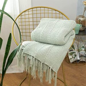 sofila sage green chenille tassel fringe throw blanket textured knitted super soft for couch bed sofa living room framhouse warm fluffy cozy plush knit – 60 x 80 inches