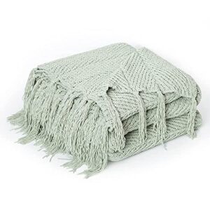 Sofila Sage Green Chenille Tassel Fringe Throw Blanket Textured Knitted Super Soft for Couch Bed Sofa Living Room Framhouse Warm Fluffy Cozy Plush Knit - 60 x 80 Inches