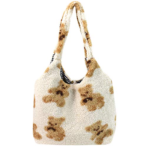 DIGOGO Cute Bear Plush Tote Handbag Faux Fur Fluffy Shoulder Bag Large Lamb Wool Shopping School Bag