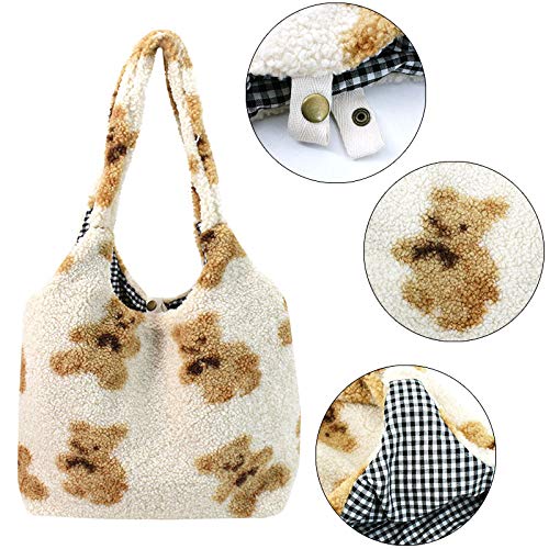 DIGOGO Cute Bear Plush Tote Handbag Faux Fur Fluffy Shoulder Bag Large Lamb Wool Shopping School Bag