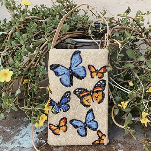 Bamboo Trading Company Butterflies Cell Phone or Club Bag with a separate, secure side zip pocket for cash and credit cards, 7-inch Height, Multicolor