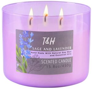 sage lavender scented candle 3 wick | aromatherapy relaxing & energy cleansing candle with cedarwood, clove & eucalyptus 15.8 oz | sage candles for cleansing house | large natural soy candles for home