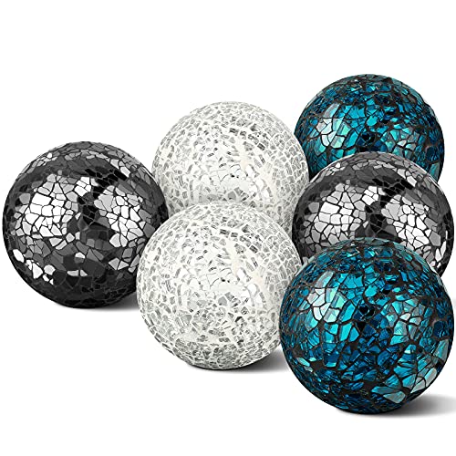 Mosaic Glass Orbs Mosaic Sphere Glass Globe Decorative Orbs Centerpiece Balls Decorative Glass Balls for Bowls Vases Dining Table Centerpiece Decor (Sliver, Turquoise, Black,6 Pieces)