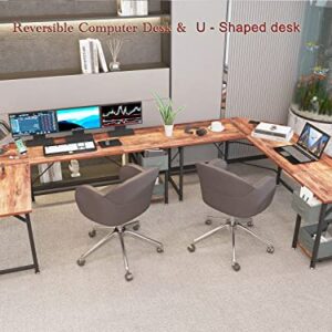 SZXKT L Shaped Desk with Power Outlets,66 inch Corner Computer Desk with Drawers,Gaming Desk Home Office Writing Study Table Reversible L Desk with Storage Shelves and Hooks(Rustic Brown)