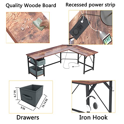 SZXKT L Shaped Desk with Power Outlets,66 inch Corner Computer Desk with Drawers,Gaming Desk Home Office Writing Study Table Reversible L Desk with Storage Shelves and Hooks(Rustic Brown)