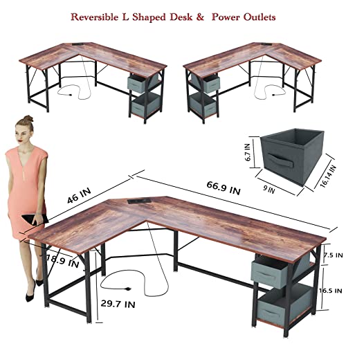 SZXKT L Shaped Desk with Power Outlets,66 inch Corner Computer Desk with Drawers,Gaming Desk Home Office Writing Study Table Reversible L Desk with Storage Shelves and Hooks(Rustic Brown)