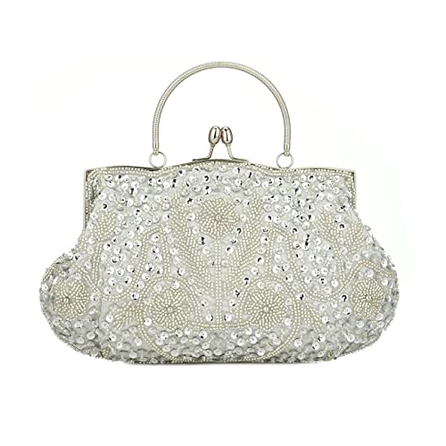 Women Beaded Sequin Design Flowers Evening Wedding Clutch Handbag Purse Vintage Beaded Embroidery Crossbody Evening Bag (Silver)