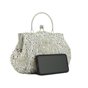 Women Beaded Sequin Design Flowers Evening Wedding Clutch Handbag Purse Vintage Beaded Embroidery Crossbody Evening Bag (Silver)