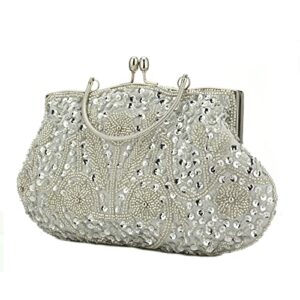 Women Beaded Sequin Design Flowers Evening Wedding Clutch Handbag Purse Vintage Beaded Embroidery Crossbody Evening Bag (Silver)