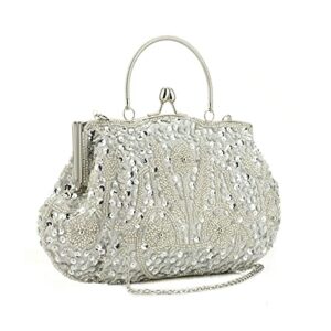 Women Beaded Sequin Design Flowers Evening Wedding Clutch Handbag Purse Vintage Beaded Embroidery Crossbody Evening Bag (Silver)