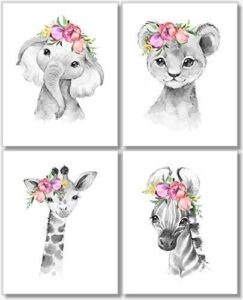 safari animals wall art prints – nursery decor – set of 4 – zoo animal pictures – unframed – (8×10)