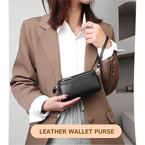 SMITH SURSEE Genuine Leather Clutch Wallet for Women Triple Zip Small Crossbody Bag Designer Wristlet Purses with Shoulder