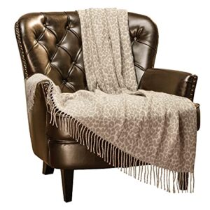 chanasya super soft leopard print acrylic throw blanket with tassels – lightweight modern and shabby chic woven blanket for bed, sofa, chair, living room, and bedroom decor (50×65 inches) beige