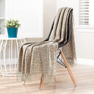 Chanasya Super Soft Leopard Print Acrylic Throw Blanket with Tassels - Lightweight Modern and Shabby Chic Woven Blanket for Bed, Sofa, Chair, Living Room, and Bedroom Decor (50x65 Inches) Beige