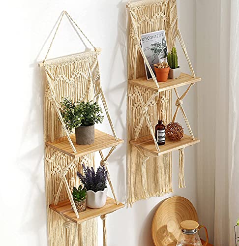 MAKEONEWO Macrame Wall Hanging Shelf Set of 2 Macrame Shelves Handmade Decorative Floating Boho Shelf-Plant Shelf Display Rack to Organize and Decor for Living Room, Bedroom, Bathroom (10" W/2 Tier)