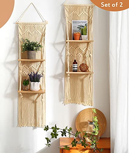 MAKEONEWO Macrame Wall Hanging Shelf Set of 2 Macrame Shelves Handmade Decorative Floating Boho Shelf-Plant Shelf Display Rack to Organize and Decor for Living Room, Bedroom, Bathroom (10" W/2 Tier)