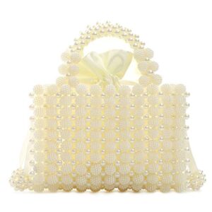 YUSHINY Women Handmade Pearl Beaded Evening Handbag Top Handle Purse with InnerBag & DustBag (White)