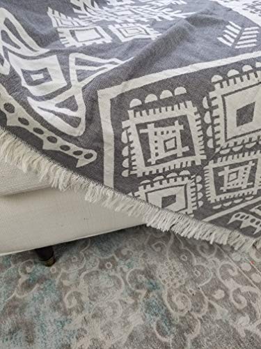 InfuseZen Bohemian Style Turkish Throw Blanket, Tribal Print Lightweight Throw, 100% Cotton Blanket for a Sofa or Partial Bed Cover, Thin Boho Turkish Throw (Charcoal)