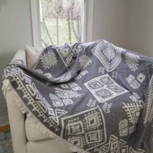 InfuseZen Bohemian Style Turkish Throw Blanket, Tribal Print Lightweight Throw, 100% Cotton Blanket for a Sofa or Partial Bed Cover, Thin Boho Turkish Throw (Charcoal)