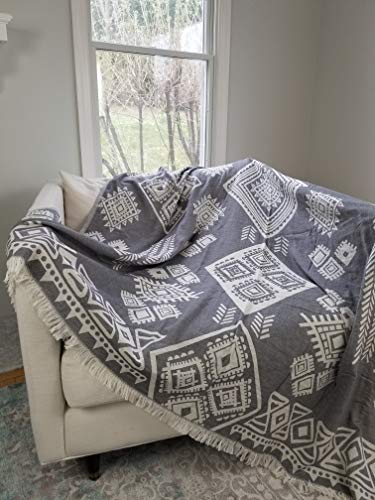 InfuseZen Bohemian Style Turkish Throw Blanket, Tribal Print Lightweight Throw, 100% Cotton Blanket for a Sofa or Partial Bed Cover, Thin Boho Turkish Throw (Charcoal)