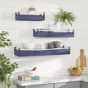 deco 79 wood 3 shelves wall shelf with knotted rope, set of 3 32″, 25″, 17″w, blue