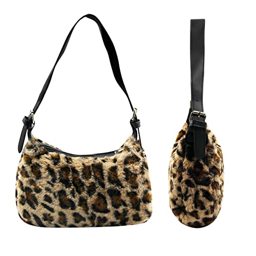 RARITYUS Women Plush Leopard Cow Print Underarm Bag Fashion Faux Fur Tote Bag Clutch Handbag with PU Strap