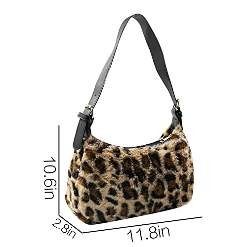 RARITYUS Women Plush Leopard Cow Print Underarm Bag Fashion Faux Fur Tote Bag Clutch Handbag with PU Strap