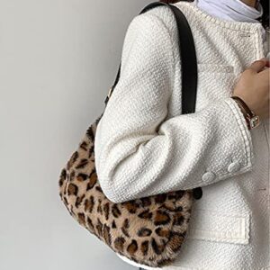 RARITYUS Women Plush Leopard Cow Print Underarm Bag Fashion Faux Fur Tote Bag Clutch Handbag with PU Strap