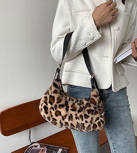 RARITYUS Women Plush Leopard Cow Print Underarm Bag Fashion Faux Fur Tote Bag Clutch Handbag with PU Strap