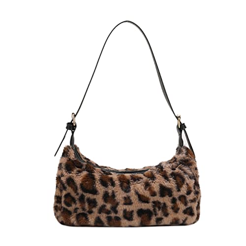 RARITYUS Women Plush Leopard Cow Print Underarm Bag Fashion Faux Fur Tote Bag Clutch Handbag with PU Strap