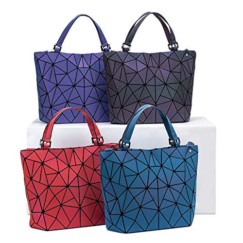 Women Handbags Geometric Luminous Bag PU Leather Shard Lattice Holographic Purse Ladies Shoulder Bag (3136M RED)