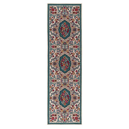 Antep Rugs Alfombras Non-Skid (Non-Slip) 2x7 Rubber Backing Modern Floral Low Profile Pile Indoor Area Runner Rugs (Blue, 2' x 7')