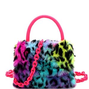 cute retro plastic chain vegan leather fur mini satchel bag crossbody clutch (2faux fur leopard multicolor/neon pink chain)