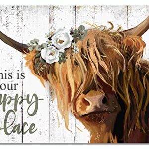 Highland Cow Wall Art - This Is Our Happy Place Inspirational Canvas Poster for Home - Long Haired Scottish Cow with White Flower Picture Farmhouse Kitchen Decor Framed (10"x15")